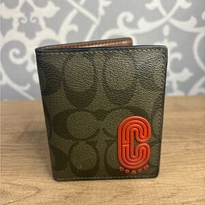 Coach Men's Olive Signature Bi-Fold Wallet with Orange Logo